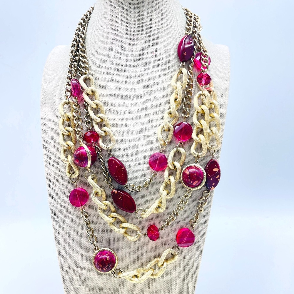 Four Strand Necklace Gold Tone Pink Beads Chunky Chain